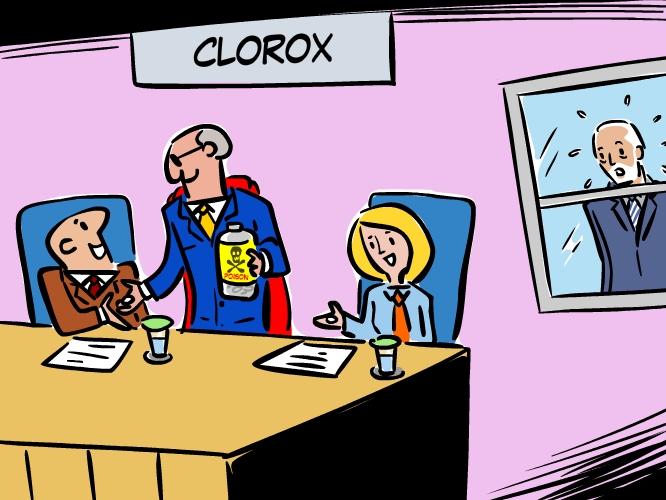 Cartoon showing Clorox Company using poison pill
